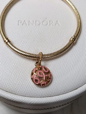 Pandora Vintage 14k Gold And Pink Enamel Pink Ribbon Breast Cancer Charm/Pendant